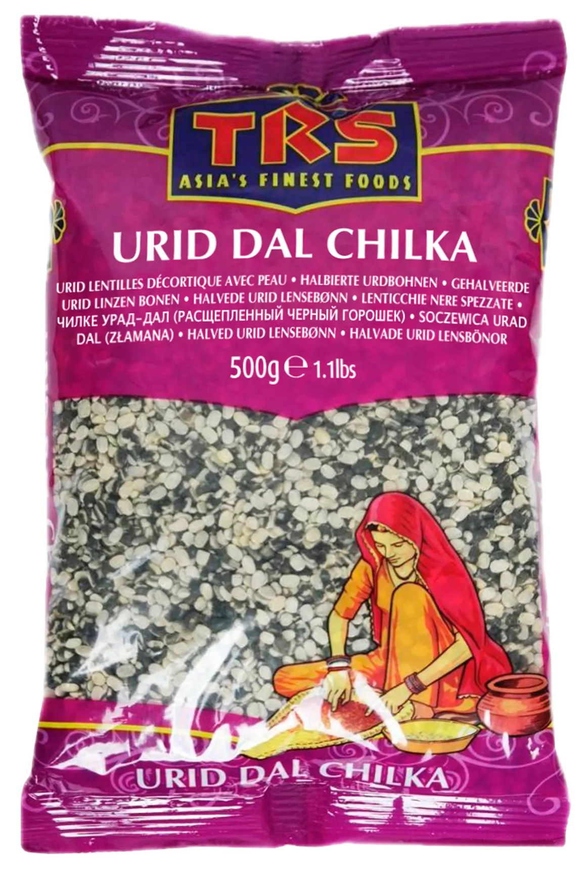 A bag of split, unhulled urad beans made by TRS