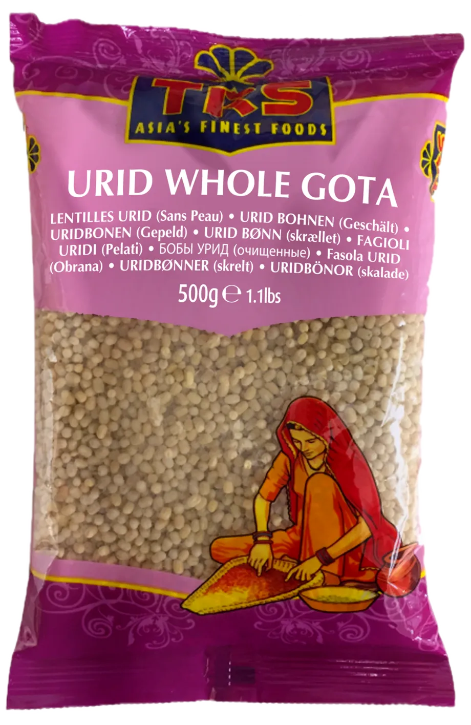 A bag of unsplit, hulled urad beans made by TRS