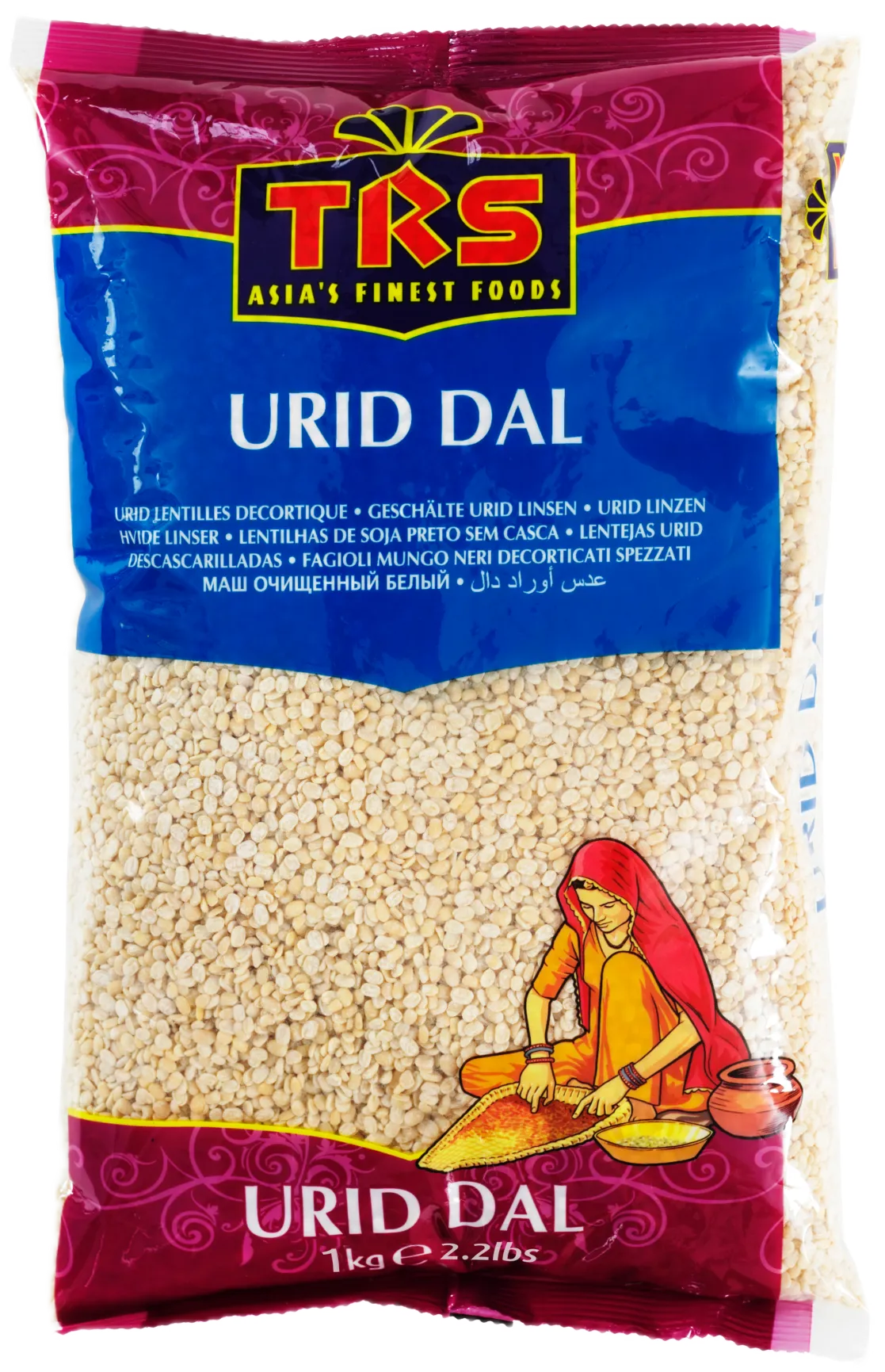 A bag of split, hulled urad beans made by TRS